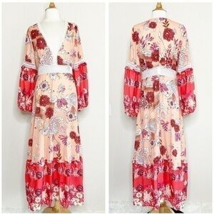 Women’s Lace Trim Bubble Sleeve Flamingo Maxi Dress Size Medium